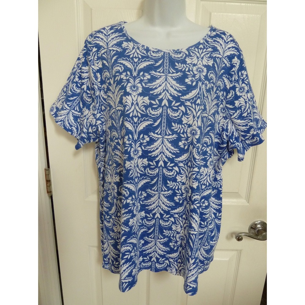 Croft & Barrow The Classic Tee 1X Blue White Floral Damask Cotton Short Sleeve